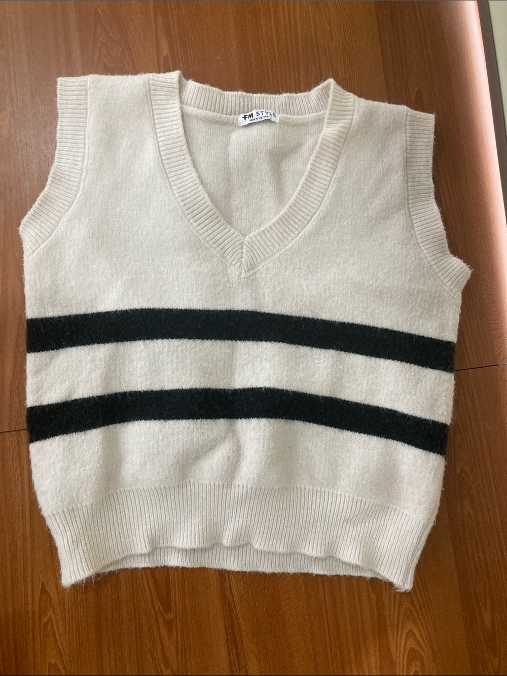 Cream V-Neck Sleeveless Sweater Vest with Black Stripes